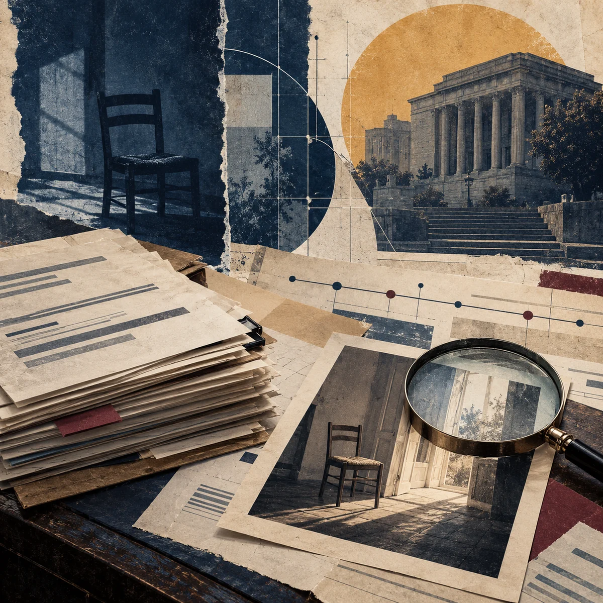 An archival collage of documents, an empty chair, a magnifying glass and a civic building.