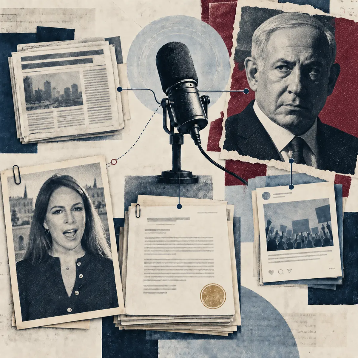 Editorial collage of Sharri Markson, a central broadcast microphone and a larger, shadowed portrait of Benjamin Netanyahu among newspaper and document layers.