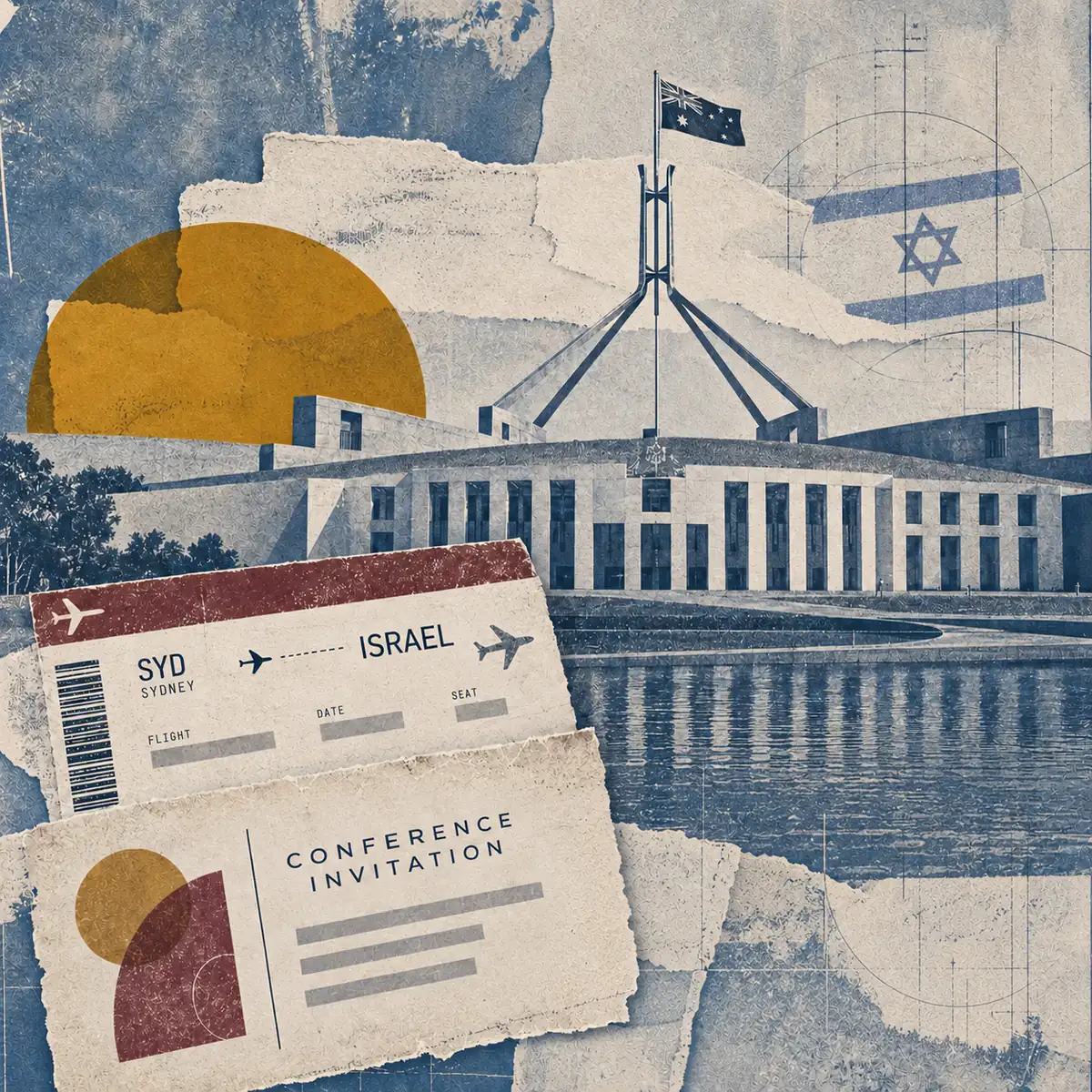 Editorial collage of Australian Parliament House, a ticket labelled Israel and a conference invitation, with a faded Israeli flag in the background.