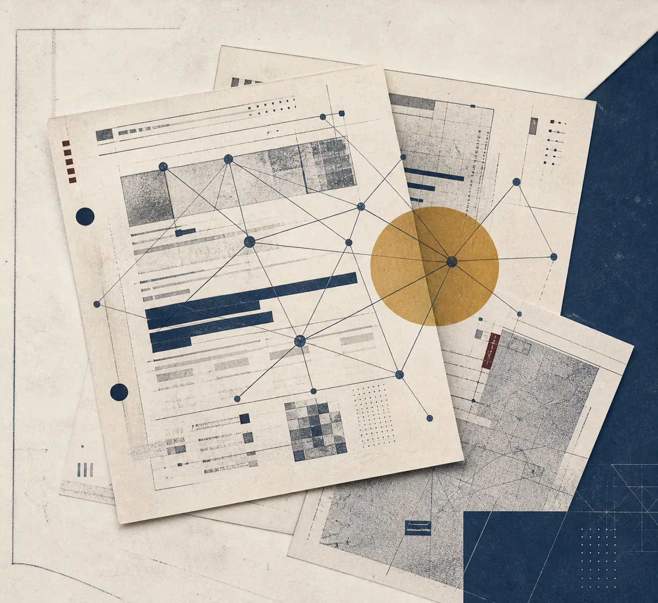 Editorial collage of layered records, map fragments and connecting lines on ivory paper.